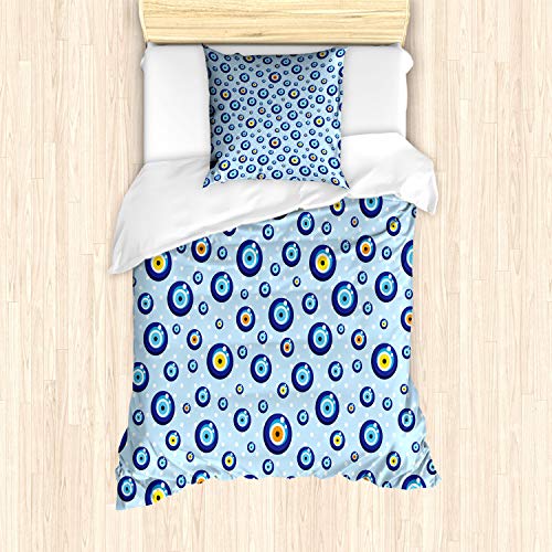 ABAKUHAUS Evil Eye Bettbezug Set für Einzelbetten, Schutzschilder für Kinder, Milbensicher Allergiker geeignet mit Kissenbezug, Hellblau Weiß von ABAKUHAUS