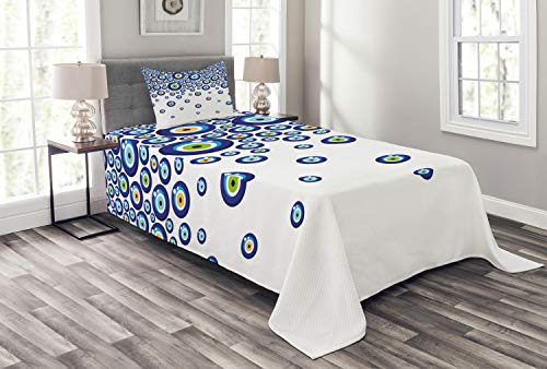 ABAKUHAUS Evil Eye Tagesdecke Set, Lively Türkisch, Set mit Kissenbezügen Waschbar, für Einselbetten 170 x 220 cm, Blau Grün von ABAKUHAUS