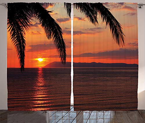 ABAKUHAUS Exotisch Rustikaler Gardine, Sonnenaufgang auf Meer und Palmen, Schlafzimmer Kräuselband Vorhang mit Schlaufen und Haken, 280 x 260 cm, Orange Gelb von ABAKUHAUS