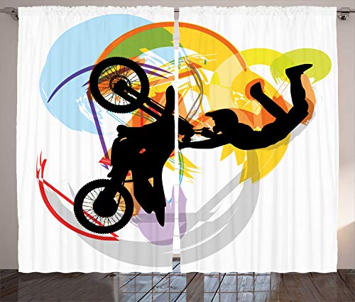 ABAKUHAUS Extremsportarten Rustikaler Gardine, Motocross-Fahrer, Schlafzimmer Kräuselband Vorhang mit Schlaufen und Haken, 280 x 245 cm, Schwarz Gelb von ABAKUHAUS