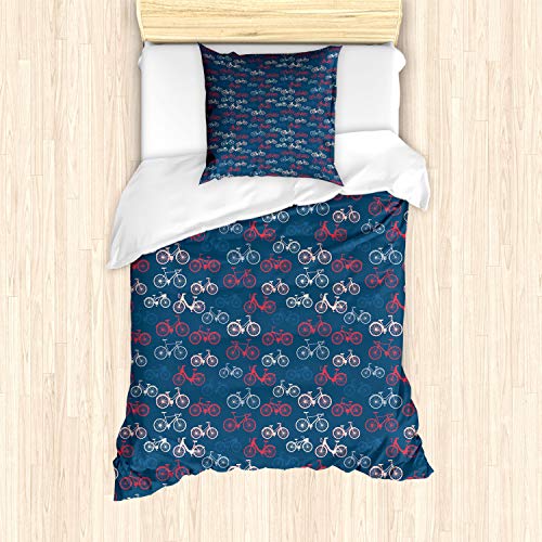 ABAKUHAUS Fahrrad Bettbezug Set für Einzelbetten, Bike Sketch auf Blau, Milbensicher Allergiker geeignet mit Kissenbezug, Blau Rot von ABAKUHAUS