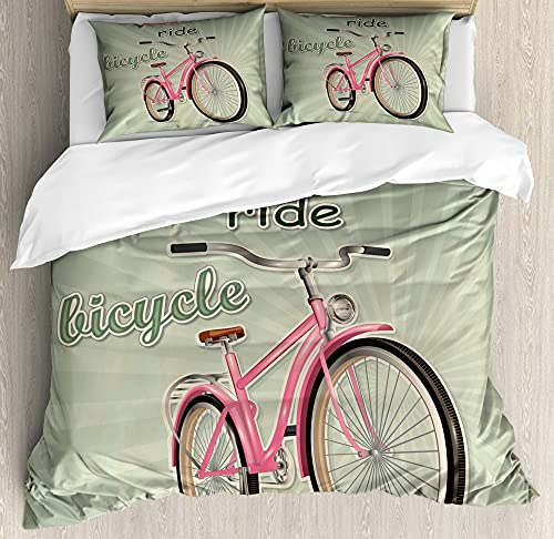 ABAKUHAUS Fahrrad Bettbezug Set für Einzelbetten, Retro Pop-Art-Bike, Milbensicher Allergiker geeignet mit Kissenbezug, 130 x 200 cm - 70 x 50 cm, grün, Rosa, von ABAKUHAUS