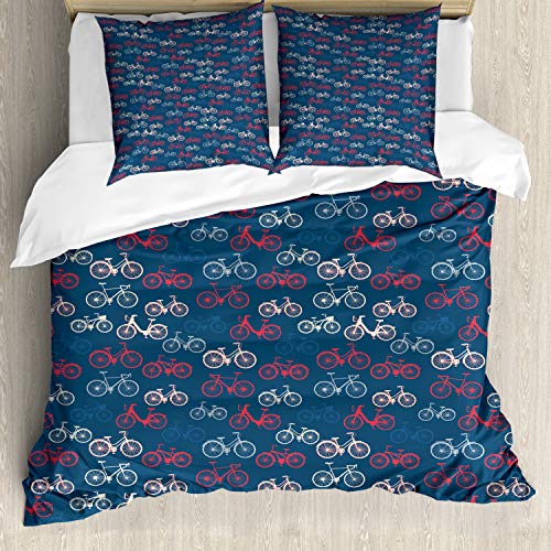 ABAKUHAUS Fahrrad Bettbezugs Set Für Doppelbetten, Bike Sketch auf Blau, Milbensicher Allergiker geeignet mit Kissenbezügen, Blau Rot von ABAKUHAUS
