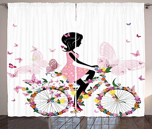 ABAKUHAUS Fahrrad Rustikaler Gardine, Mädchen Blumen Schmetterlinge, Schlafzimmer Kräuselband Vorhang mit Schlaufen und Haken, 280 x 175 cm, Puder Rosa Weiß von ABAKUHAUS