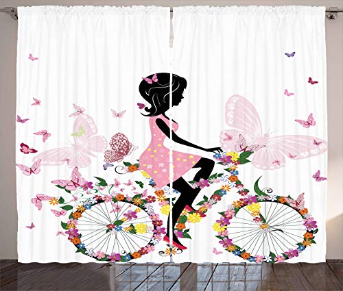 ABAKUHAUS Fahrrad Rustikaler Gardine, Mädchen Blumen Schmetterlinge, Schlafzimmer Kräuselband Vorhang mit Schlaufen und Haken, 280 x 245 cm, Puder Rosa Weiß von ABAKUHAUS