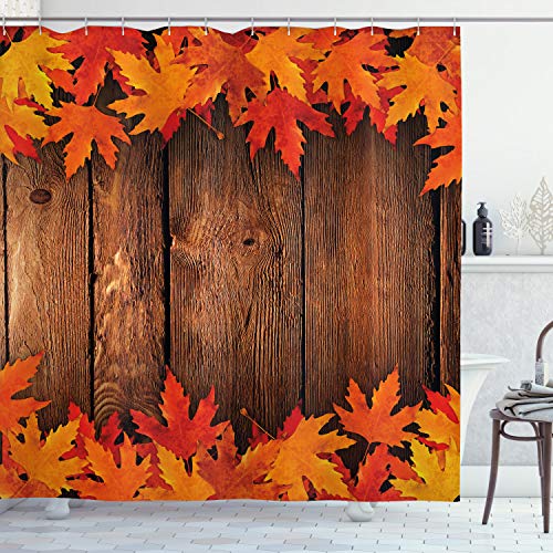 ABAKUHAUS Blätter Duschvorhang, Blätter auf dem Holzbrett, Stoffliches Gewebe Badezimmerdekorationsset mit Haken, 175 x 200 cm, Orange Braun von ABAKUHAUS
