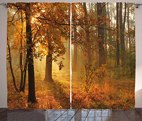 ABAKUHAUS Herbst Rustikaler Gardine, Misty Herbstwald, Schlafzimmer Kräuselband Vorhang mit Schlaufen und Haken, 280 x 225 cm, Orange Braun von ABAKUHAUS