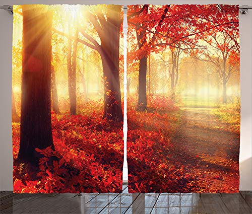 ABAKUHAUS Fallen Rustikaler Vorhang, Misty Morgen im Wald, Wohnzimmer Universalband Gardinen mit Schlaufen und Haken, 280 x 245 cm, Gelb Rot von ABAKUHAUS