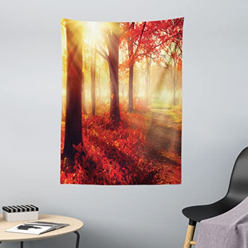 ABAKUHAUS Fallen Wandteppich, Nebligen Morgen im Wald aus Weiches Mikrofaser Stoff Waschbar ohne Verblassen Digitaldruck, 110 x 150 cm, Gelb Rot von ABAKUHAUS