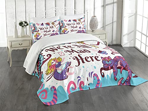 ABAKUHAUS Fantasie Tagesdecke Set, Alice im Wunderland, Set mit Kissenbezügen Sommerdecke, für Doppelbetten 220 x 220 cm, Rosa und Lila von ABAKUHAUS