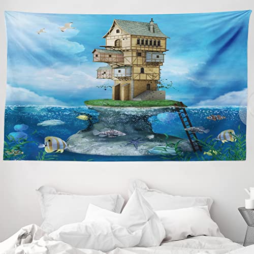 ABAKUHAUS Fantasie Wandteppich und Tagesdecke, Fantasie Fischerhaus aus Weiches Mikrofaser Stoff Waschbar ohne Verblassen Digitaldruck, 230 x 140 cm, Blau Braun Grün von ABAKUHAUS