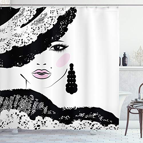 ABAKUHAUS Fashion Duschvorhang, Barock Frau Hut, Stoffliches Gewebe Badezimmerdekorationsset mit Haken, 175 x 180 cm, Charcoal Grey Pale Pink von ABAKUHAUS