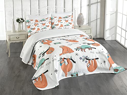 ABAKUHAUS Faultier Tagesdecke Set, Nette Trägheiten auf Zweigen, Set mit Kissenbezug Romantischer Stil, für Einzelbetten 170 x 220 cm, Orange hellblau schwarz von ABAKUHAUS