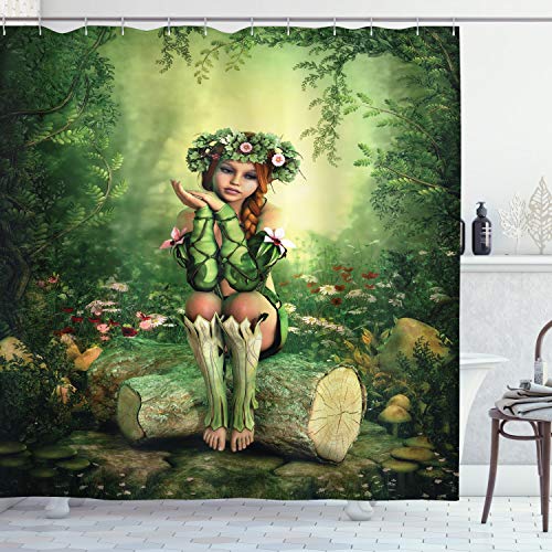 ABAKUHAUS Fee Duschvorhang, Elf Mädchen mit Kranz Baum, Stoffliches Gewebe Badezimmerdekorationsset mit Haken, 175 x 200 cm, Beige Grün und Rosa von ABAKUHAUS