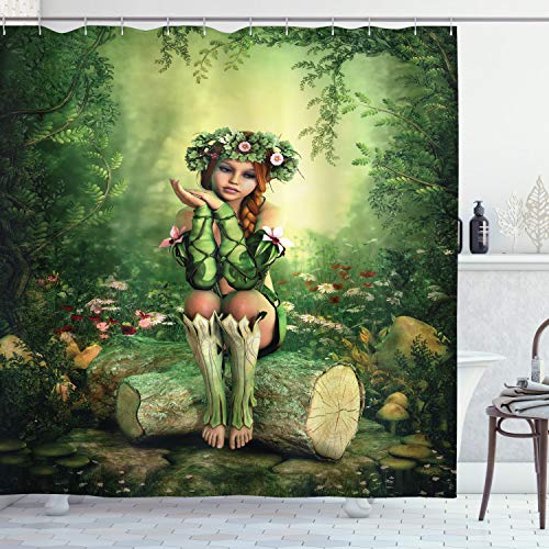 ABAKUHAUS Fee Duschvorhang, Elf Mädchen mit Kranz Baum, Stoffliches Gewebe Badezimmerdekorationsset mit Haken, 175 x 240 cm, Beige Grün und Rosa von ABAKUHAUS