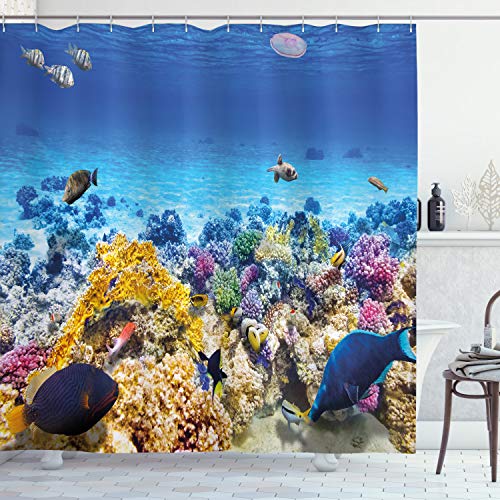 ABAKUHAUS Fisch Duschvorhang, Ozean Korallen Goldfish, Stoffliches Gewebe Badezimmerdekorationsset mit Haken, 175 x 200 cm, Türkis von ABAKUHAUS