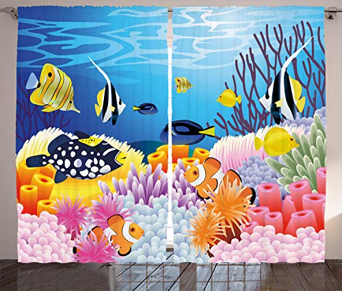 ABAKUHAUS Fisch Rustikaler Vorhang, Fische Korallenriffe, Wohnzimmer Universalband Gardinen mit Schlaufen und Haken, 280 x 175 cm, Aqua Rosa von ABAKUHAUS