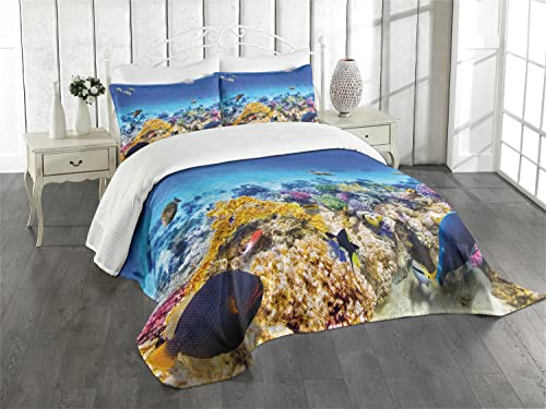 ABAKUHAUS Fisch Tagesdecke Set, Ozean Korallen Goldfish, Set mit Kissenbezügen Waschbar, für Doppelbetten 264 x 220 cm, Türkis von ABAKUHAUS