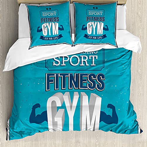 ABAKUHAUS Fitness Bettbezug Set für Einzelbetten, Fit Life Bodybuilding, Milbensicher Allergiker geeignet mit Kissenbezug, 155 cm x 200 cm - 80 x 80 cm, Blau Dunkelblau Weiß von ABAKUHAUS