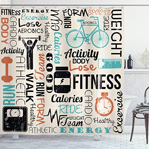 ABAKUHAUS Fitness Duschvorhang, Gesundes Leben und Sport, Stoffliches Gewebe Badezimmerdekorationsset mit Haken, 175 x 200 cm, Mehrfarbig von ABAKUHAUS