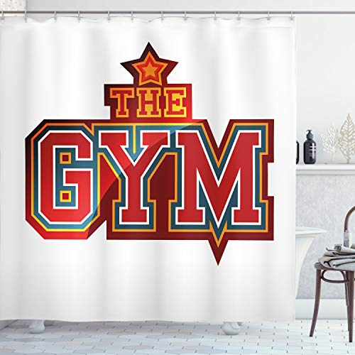 ABAKUHAUS Fitness Duschvorhang, Vibrant Gym Sign Stern, Stoffliches Gewebe Badezimmerdekorationsset mit Haken, 175 x 200 cm, Red Petrol Blau Orange von ABAKUHAUS