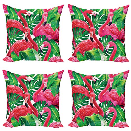 ABAKUHAUS Flamingo Dekokissen Kissenbezug 4er Pack, Retro exotische Blätter, Modern Accent Doppelseitiger Digitaldruck, 50 x 50 cm, Grün Rosa von ABAKUHAUS