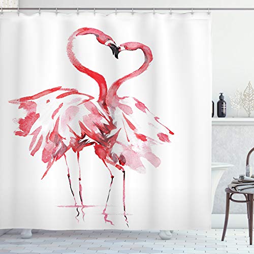 ABAKUHAUS Flamingo Duschvorhang, Lovers Kissing, Stoffliches Gewebe Badezimmerdekorationsset mit Haken, 175 x 240 cm, Dunkler Coral Weiß von ABAKUHAUS