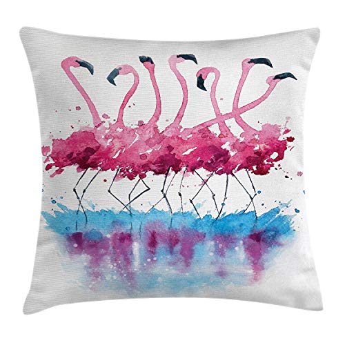 ABAKUHAUS Flamingo Kissenbezug, Flamingo and Bird, Waschbar mit Reißverschluss Kissenhülle mit Farbfesten Klaren Farben Beidseitiger Druck, 40 x 40 cm, Blau Lila von ABAKUHAUS