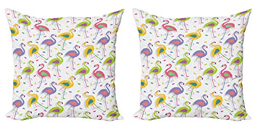 ABAKUHAUS Flamingo Kissenbezug Set (2Stück), Retro Bunte Muster, doppelseitiges Digitaldruckdekor mit Reißverschluss, 50 cm, Mehrfarbig von ABAKUHAUS