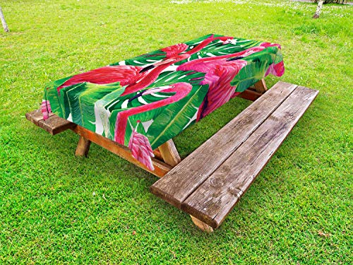 ABAKUHAUS Flamingo Outdoor-Tischdecke, Retro exotische Blätter, dekorative waschbare Picknick-Tischdecke, 145 x 210 cm, Grün Rosa von ABAKUHAUS