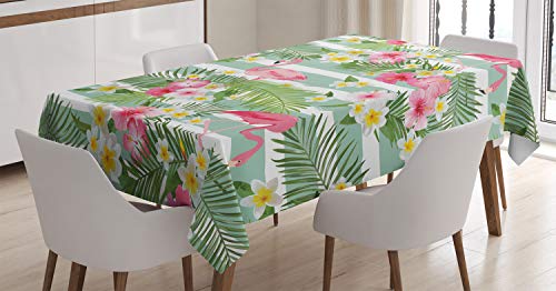 ABAKUHAUS Flamingo Tischdecke, Exotische Hawaii-Blatt, Wasserfest Waschbar mit Klar Sichtbaren Farben kein Verblassen Personalisiert, 140 x 170 cm, Grünes Rosa Weiß von ABAKUHAUS