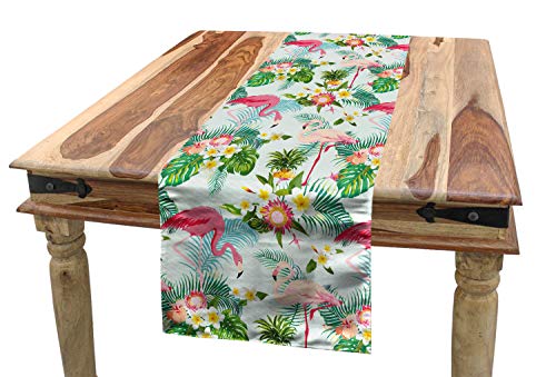 ABAKUHAUS Flamingo Tischläufer, Frischer exotischer Dschungel, Esszimmer Küche Rechteckiger Dekorativer Tischläufer, 40 x 180 cm, Grün Rosa von ABAKUHAUS