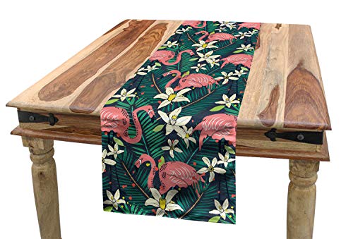 ABAKUHAUS Flamingo Tischläufer, Tropic Natur, Wilde, Esszimmer Küche Rechteckiger Dekorativer Tischläufer, 40 x 225 cm, Rosa Grün von ABAKUHAUS