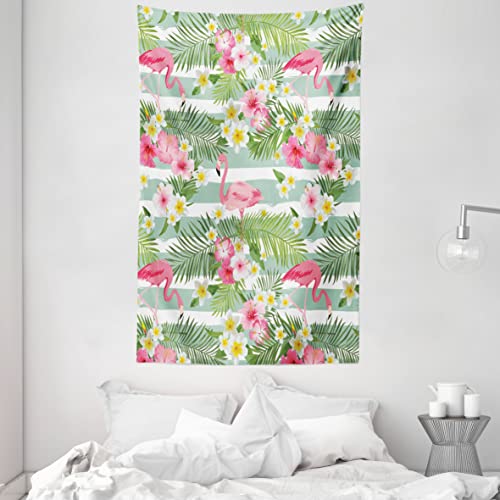 ABAKUHAUS Flamingo Wandteppich und Tagesdecke, Exotische Hawaii-Blatt aus Weiches Mikrofaser Stoff Waschbar ohne Verblassen Digitaldruck, 140 x 230 cm, Grün Weiß von ABAKUHAUS