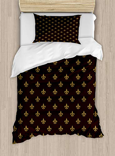 ABAKUHAUS Fleur De Lis Bettbezug Set für Einzelbetten, Königliche Muster, Milbensicher Allergiker geeignet mit Kissenbezug, 130 x 200 cm - 70 x 50 cm, Burgund Erde Gelb von ABAKUHAUS