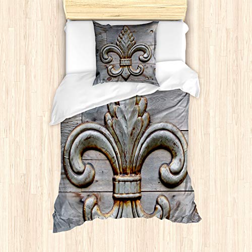 ABAKUHAUS Fleur De Lis Bettbezug Set für Einzelbetten, Altes Zeichen Holz, Milbensicher Allergiker geeignet mit Kissenbezug, Grau braun von ABAKUHAUS