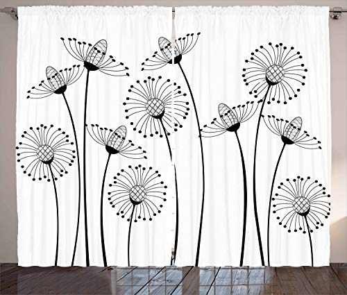 ABAKUHAUS Floral Rustikaler Vorhang, Meadows, Wohnzimmer Universalband Gardinen mit Schlaufen und Haken, 280 x 260 cm, Weiß Schwarz von ABAKUHAUS