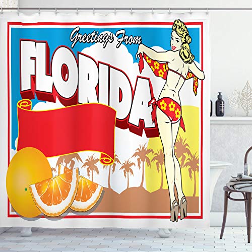 ABAKUHAUS Florida Duschvorhang, Pin-up-Girl und Orangen, Stoffliches Gewebe Badezimmerdekorationsset mit Haken, 175 x 200 cm, Mehrfarbig von ABAKUHAUS