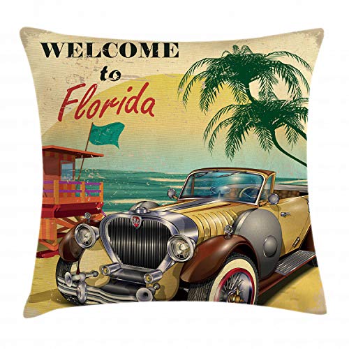 ABAKUHAUS Florida Kissenbezug, Old Beach Auto Bild, Kissenhülle mit Reißverschluss Waschbar Farbfest Beidseitiger Druck, 40 x 40 cm, Rot Türkis von ABAKUHAUS