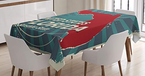 ABAKUHAUS Florida Tischdecke, Retro Altstadt Karte USA, Personalisierter Druck Klare Farben ohne Verblassen Waschbar für Außen Bereich, 140 x 170 cm, Rot Teal von ABAKUHAUS