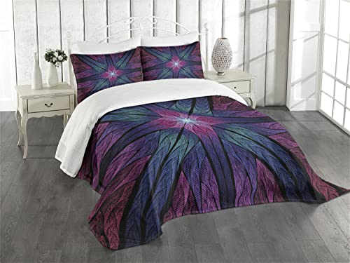 ABAKUHAUS Fractal Tagesdecke Set, Psychedelische Kunst Vivid, Set mit Kissenbezügen farbfester Digitaldruck, für Doppelbetten 264 x 220 cm, Plum Indigo von ABAKUHAUS