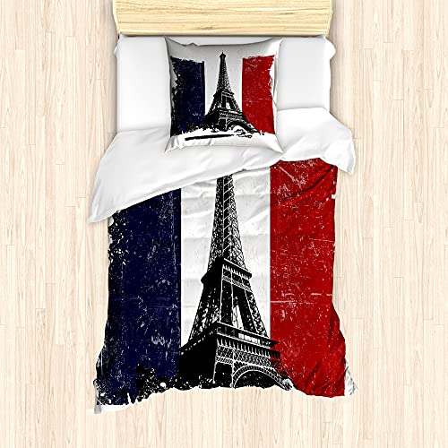 ABAKUHAUS Frankreich Bettbezug Set für Einzelbetten, Grunge Flag Eiffelturm, Milbensicher Allergiker geeignet mit Kissenbezug, 135 cm x 200 cm - 80 x 80 cm, Coconut Vermilion von ABAKUHAUS