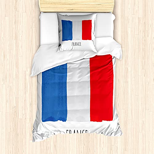 ABAKUHAUS Frankreich Bettbezug Set für Einzelbetten, Simplistic Aquarell-Flagge, Milbensicher Allergiker geeignet mit Kissenbezug, 135 cm x 200 cm - 80 x 80 cm, Vermilion Kobalt-Blau von ABAKUHAUS