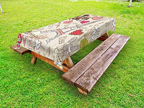 ABAKUHAUS Frankreich Outdoor-Tischdecke, Doodle Eiffelturm Liebe, dekorative waschbare Picknick-Tischdecke, 145 x 210 cm, beige-Rosa von ABAKUHAUS