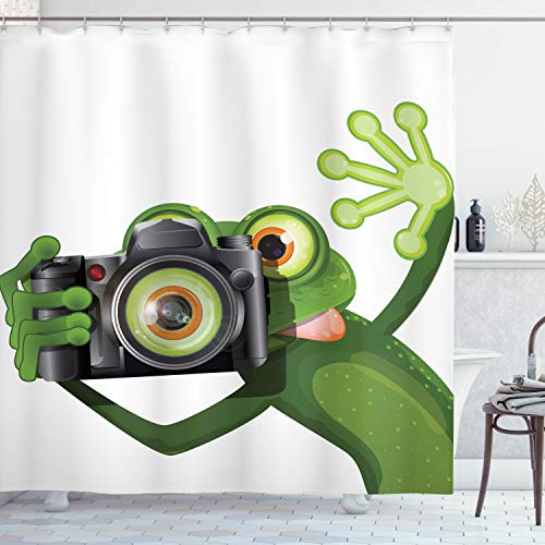 ABAKUHAUS Frosch Duschvorhang, Lustige Tier mit Kamera, Stoffliches Gewebe Badezimmerdekorationsset mit Haken, 175 x 220 cm, Weiß schwarz von ABAKUHAUS