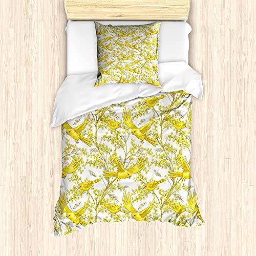 ABAKUHAUS Frühling Bettbezug Set für Einzelbetten, Sommer Mimosa und Vogel-Kunst, Milbensicher Allergiker geeignet mit Kissenbezug, 135 cm x 200 cm - 80 x 80 cm, Yellow Earth Gelb von ABAKUHAUS