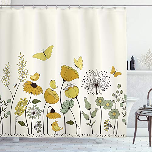 ABAKUHAUS Frühling Duschvorhang, Dot Winged Schmetterlinge, Stoffliches Gewebe Badezimmerdekorationsset mit Haken, 175 x 180 cm, Erde Gelb Hellgrün von ABAKUHAUS