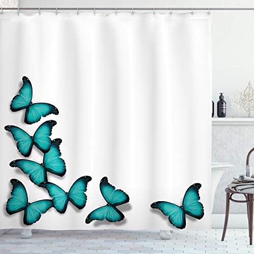 ABAKUHAUS Frühling Duschvorhang, Sunny Schmetterlinge Morphs, Stoffliches Gewebe Badezimmerdekorationsset mit Haken, 175 x 200 cm, Schwarz Türkis von ABAKUHAUS