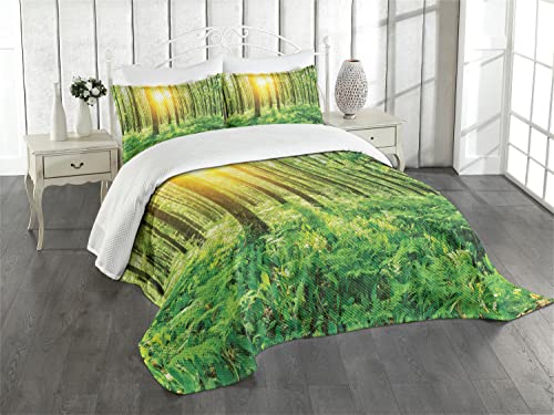 ABAKUHAUS Frühling Tagesdecke Set, Waldlaub Natur, Set mit Kissenbezügen Waschbar, für Doppelbetten 220 x 220 cm, Gelb Grün von ABAKUHAUS