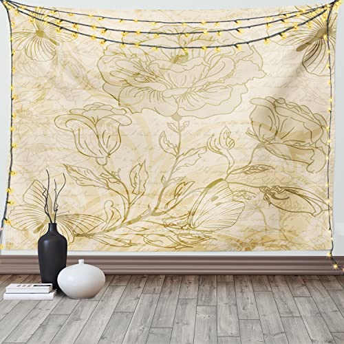 ABAKUHAUS Frühling Wandteppich und Tagesdecke, Rosen und Schmetterlinge aus Weiches Mikrofaser Stoff Waschbar ohne Verblassen Digitaldruck, 230 x 140 cm, Modus Beige von ABAKUHAUS